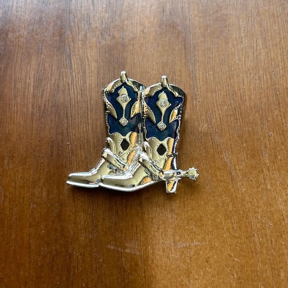 Vintage Silver Tone Cowboy Boots Brooch | Blue Enamel & Rhinestone Western Pin